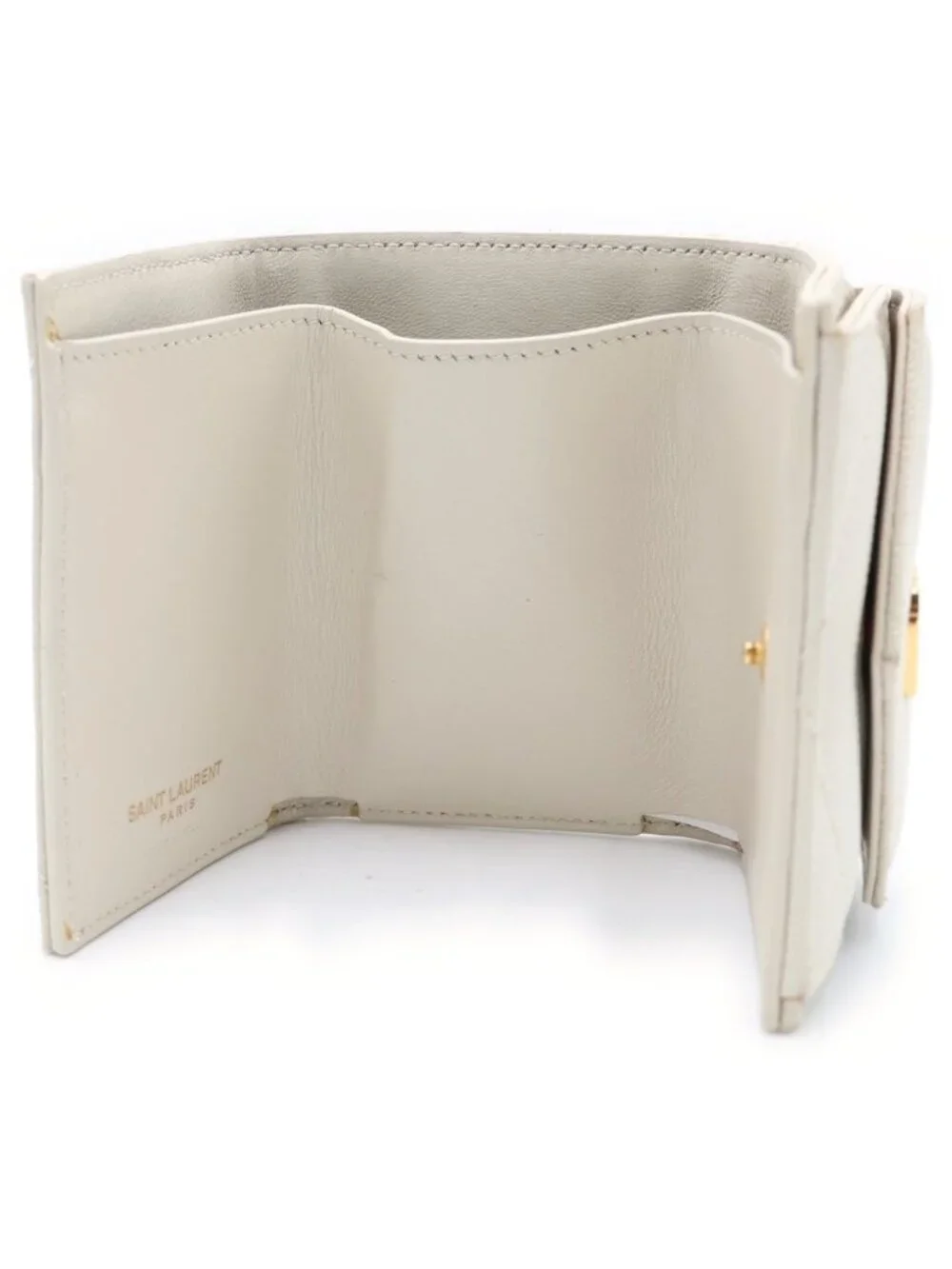 Saint Laurent Paris Trifold Wallet Compact Coin Case Ivory Leather Gold - Picture 4 of 6
